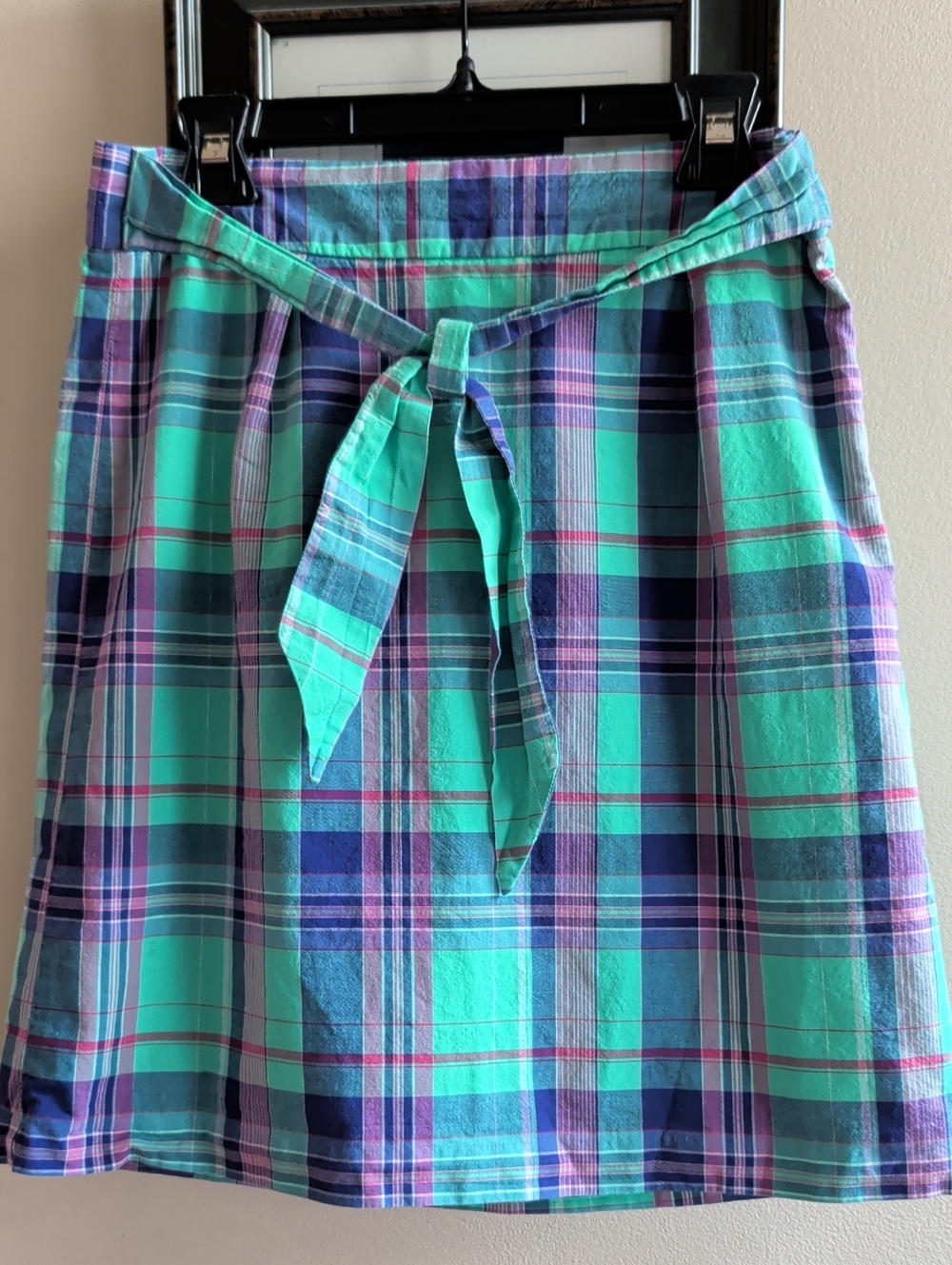 Brooks Brothers Plaid Tie-Waist Cotton Skirt in Teal and Purple